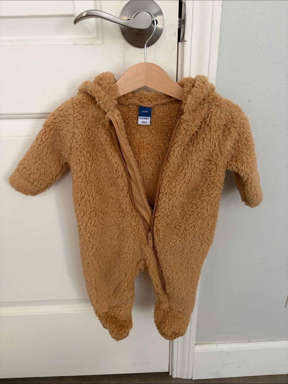Old Navy Camel Sherpa Hooded Baby One-Piece Footie